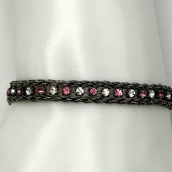 Vintage Sterling Silver 925 Rope Chain Bracelet Pink & Clear Rhinestones 7.25” - Picture 3 of 11